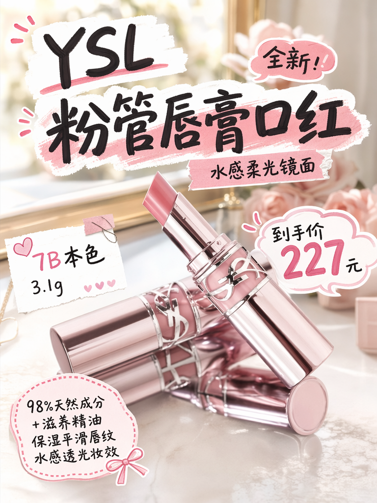 圣罗兰粉管227一支!水感镜面唇釉,素颜涂也超显白!